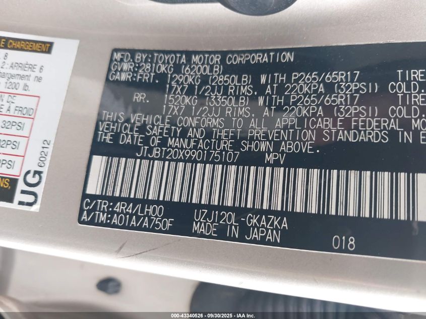 2009 Lexus Gx 470 VIN: JTJBT20X990175107 Lot: 43340526