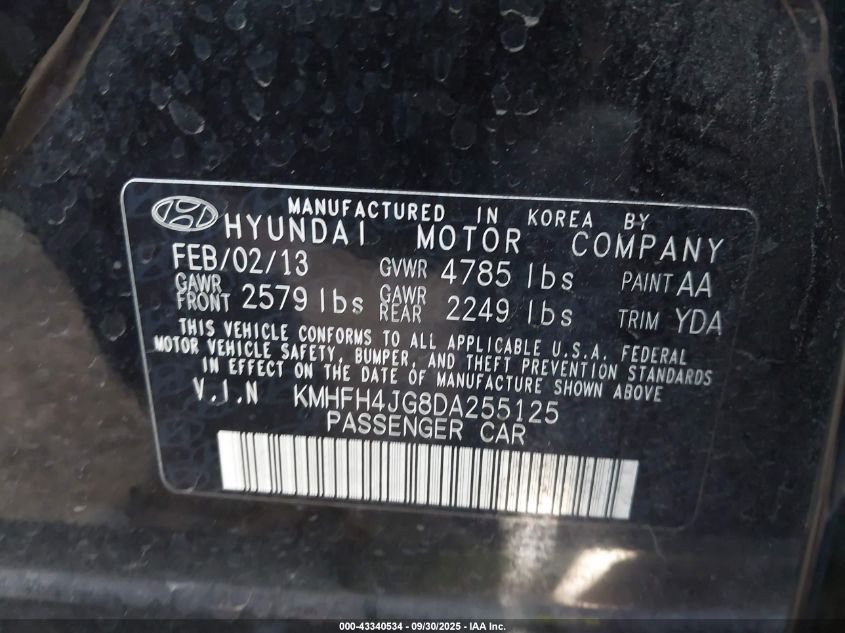 2013 Hyundai Azera VIN: KMHFH4JG8DA255125 Lot: 43340534