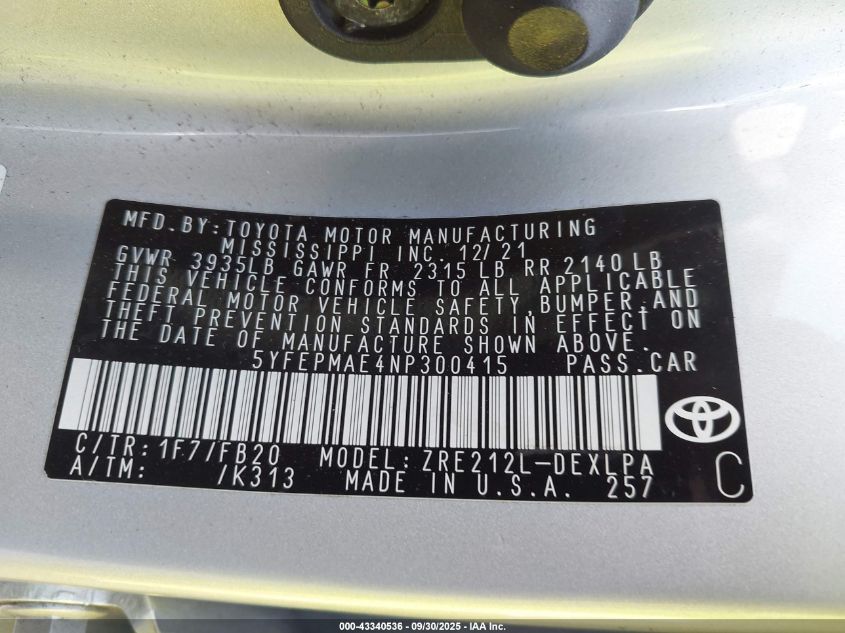 2022 Toyota Corolla Le VIN: 5YFEPMAE4NP300415 Lot: 43340536