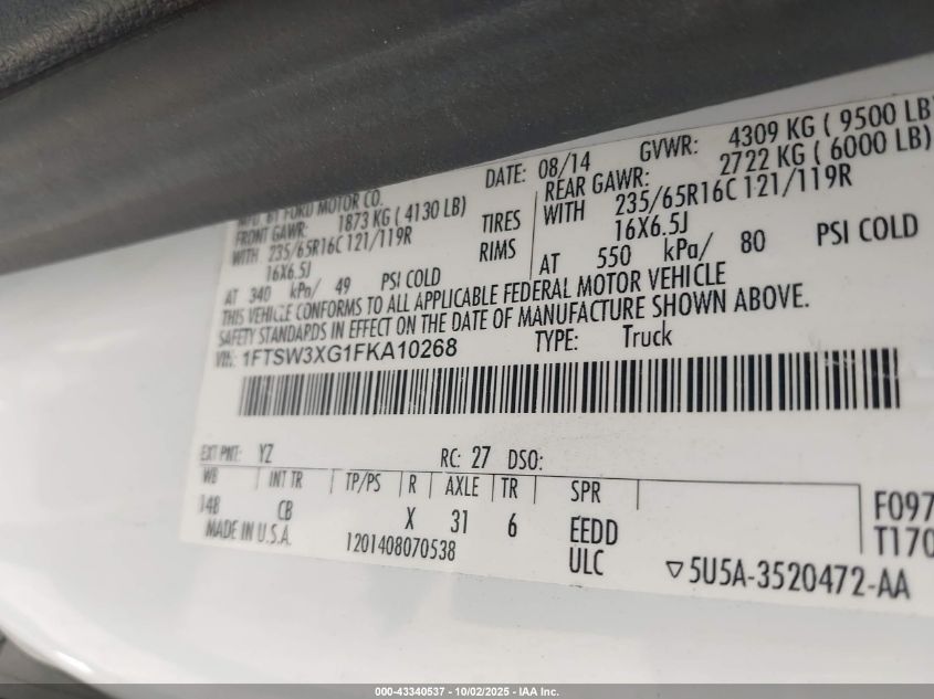 2015 Ford Transit-350 VIN: 1FTSW3XG1FKA10268 Lot: 43340537