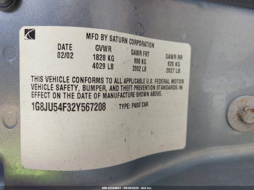2002 Saturn L-Series L200 VIN: 1G8JU54F32Y567208 Lot: 43340541