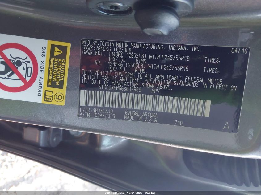 2016 Toyota Highlander Hybrid Limited VIN: 5TDDCRFH6GS017869 Lot: 43340542