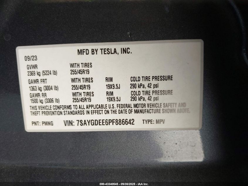 2023 Tesla Model Y Awd/Long Range Dual Motor All-Wheel Drive VIN: 7SAYGDEE6PF886642 Lot: 43340545