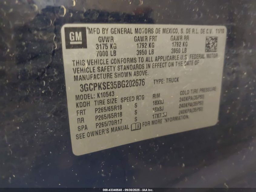 2011 Chevrolet Silverado 1500 Lt VIN: 3GCPKSE35BG202676 Lot: 43340548