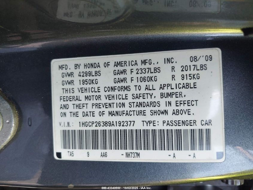 2009 Honda Accord 2.4 Lx VIN: 1HGCP26389A192377 Lot: 43340550