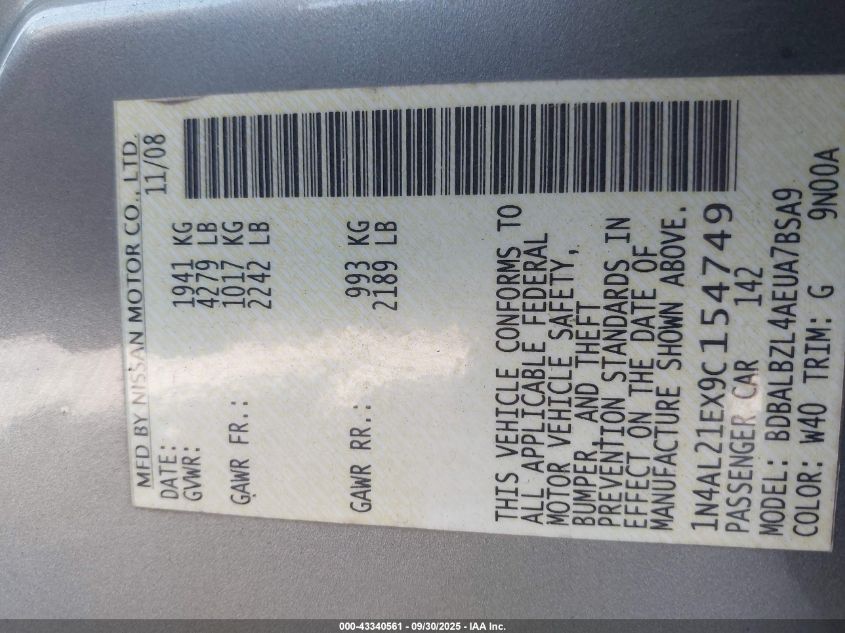 2009 Nissan Altima 2.5 S VIN: 1N4AL21EX9C154749 Lot: 43340561