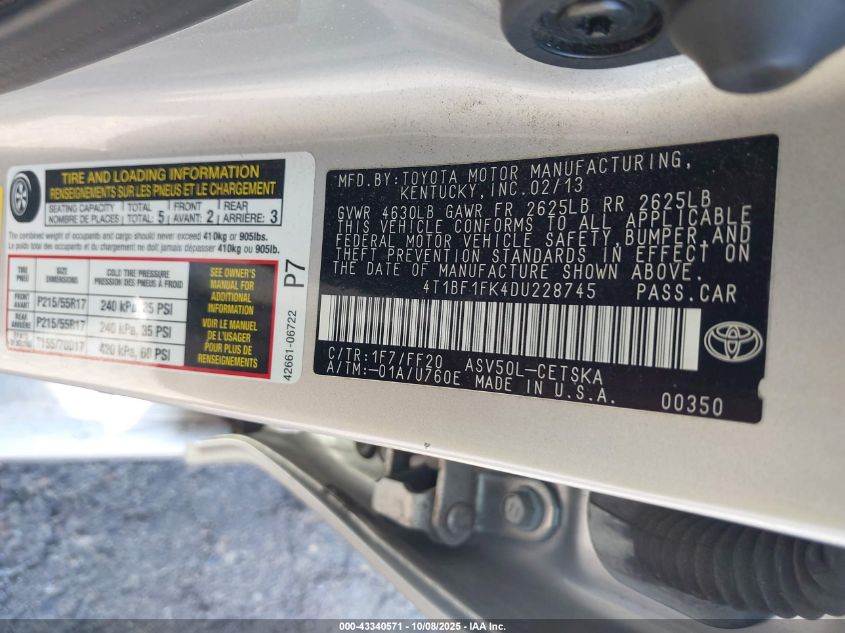 2013 Toyota Camry Se VIN: 4T1BF1FK4DU228745 Lot: 43340571