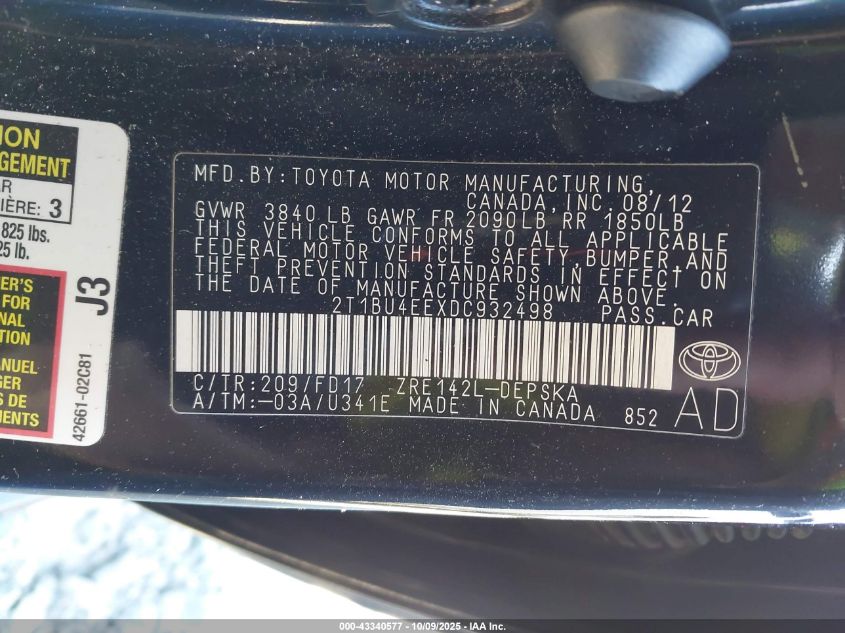 2013 Toyota Corolla S VIN: 2T1BU4EEXDC932498 Lot: 43340577