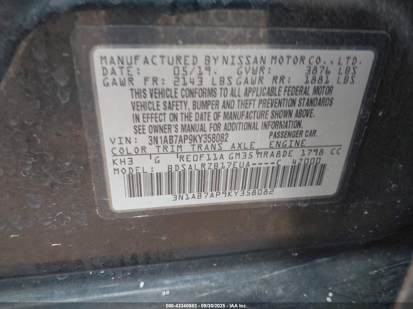 2019 Nissan Sentra Sr VIN: 3N1AB7AP9KY358082 Lot: 43340583