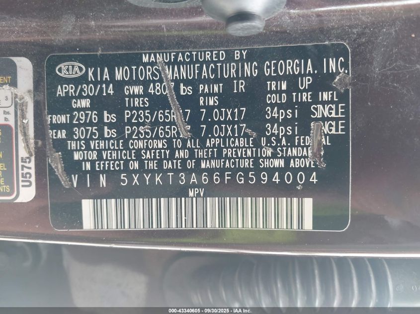 2015 Kia Sorento Lx VIN: 5XYKT3A66FG594004 Lot: 43340605