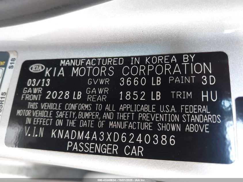 2013 Kia Rio Lx VIN: KNADM4A3XD6240386 Lot: 43340634