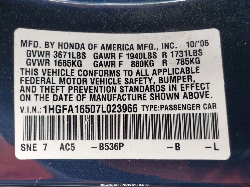 2007 Honda Civic Lx VIN: 1HGFA16507L023966 Lot: 43340642