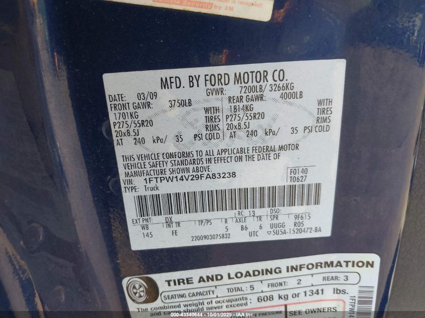 2009 Ford F-150 Fx4/King Ranch/Lariat/Platinum/Xl/Xlt VIN: 1FTPW14V29FA83238 Lot: 43340644