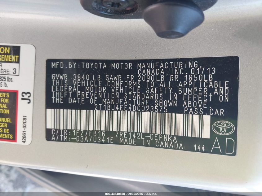 2013 Toyota Corolla Le VIN: 2T1BU4EE4DC023575 Lot: 43340658