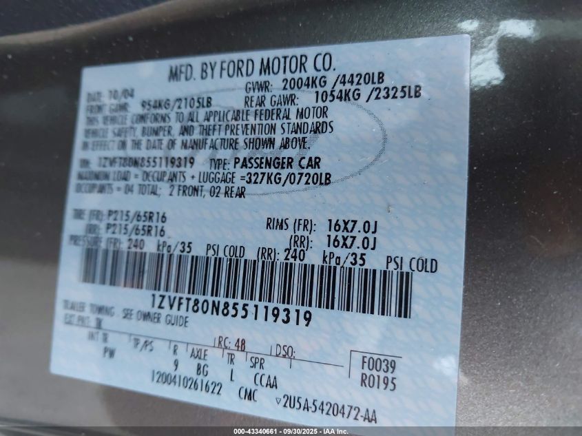 2005 Ford Mustang V6 Deluxe/V6 Premium VIN: 1ZVFT80N855119319 Lot: 43340661