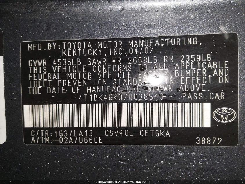 2007 Toyota Camry Xle V6 VIN: 4T1BK46K07U038510 Lot: 43340663