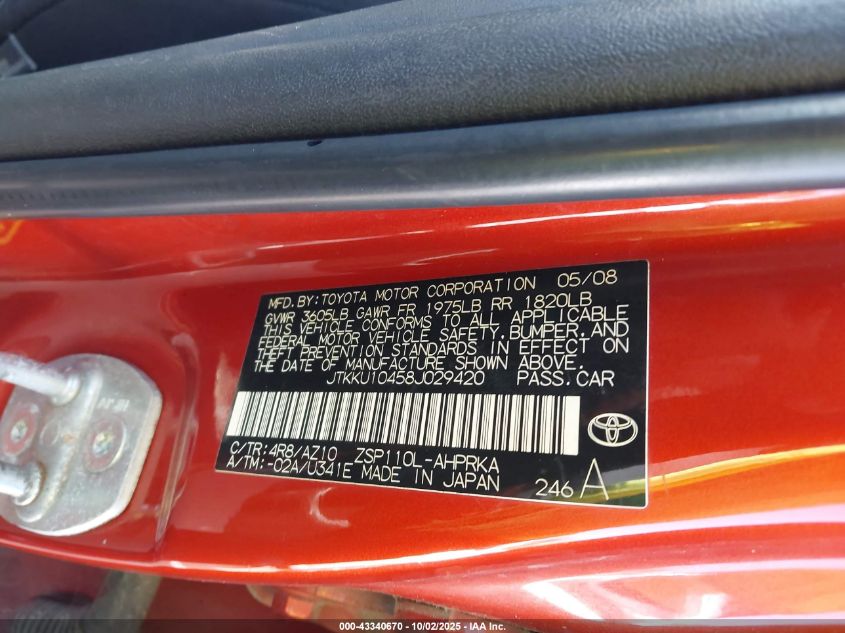 2008 Scion Xd VIN: JTKKU10458J029420 Lot: 43340670