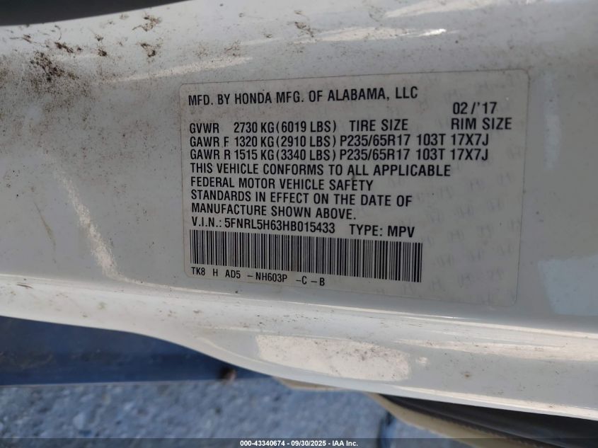 2017 Honda Odyssey Ex-L VIN: 5FNRL5H63HB015433 Lot: 43340674