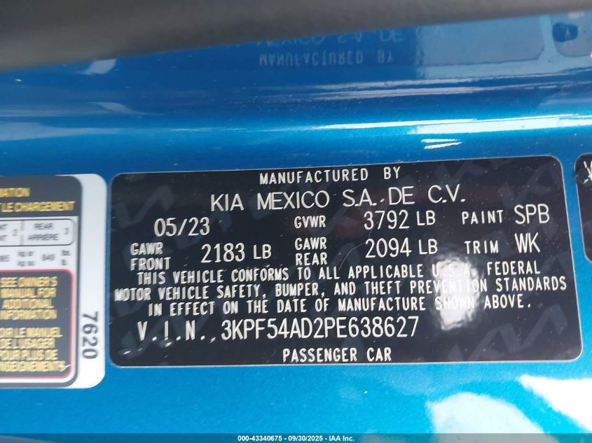 2023 Kia Forte Gt-Line VIN: 3KPF54AD2PE638627 Lot: 43340675
