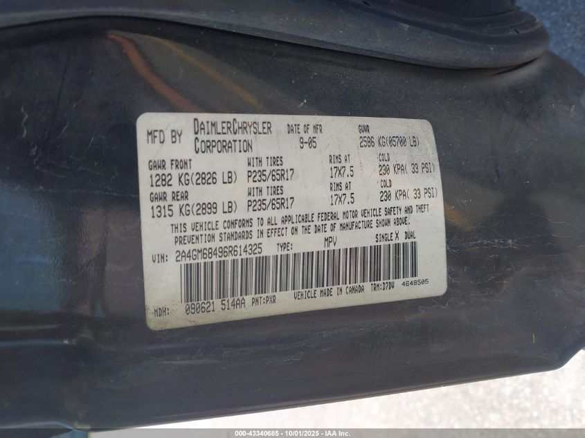 2006 Chrysler Pacifica Touring VIN: 2A4GM68496R614325 Lot: 43340685