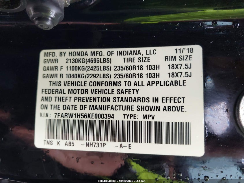 2019 HONDA CR-V EX 7FARW1H56KE000394