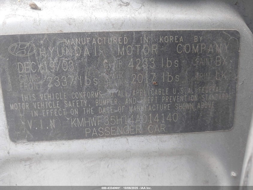 2004 Hyundai Sonata Gls/Lx VIN: KMHWF35H14A014140 Lot: 43340691