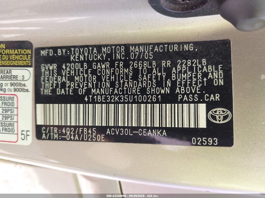 2005 Toyota Camry Le VIN: 4T1BE32K35U100261 Lot: 43340699