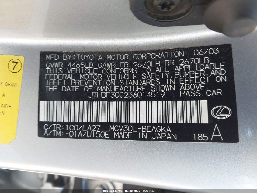 2003 Lexus Es 300 VIN: JTHBF30G236014519 Lot: 43340703