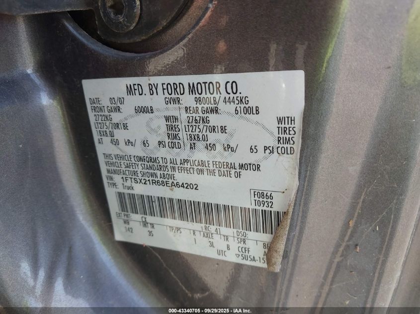 2008 Ford F-250 Fx4/Lariat/Xl/Xlt VIN: 1FTSX21R68EA64202 Lot: 43340705