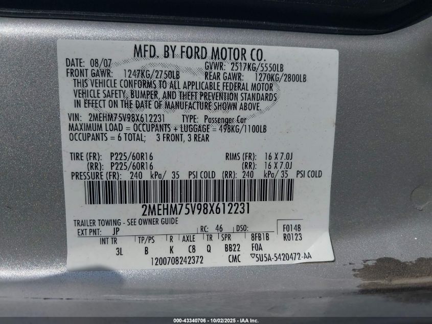 2008 Mercury Grand Marquis Ls VIN: 2MEHM75V98X612231 Lot: 43340706