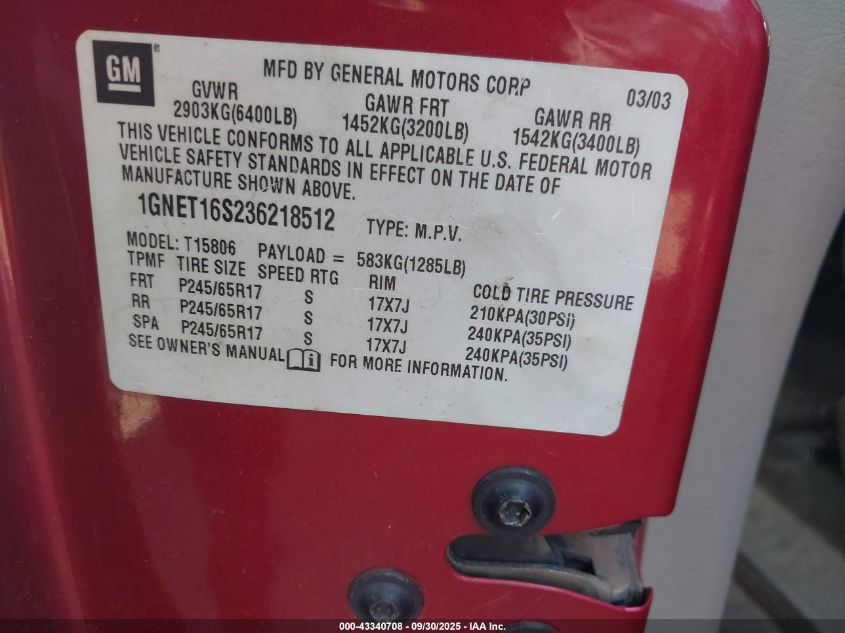 2003 Chevrolet Trailblazer Ext Lt VIN: 1GNET16S236218512 Lot: 43340708