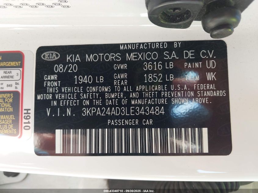 2020 Kia Rio Lx VIN: 3KPA24AD3LE343484 Lot: 43340710