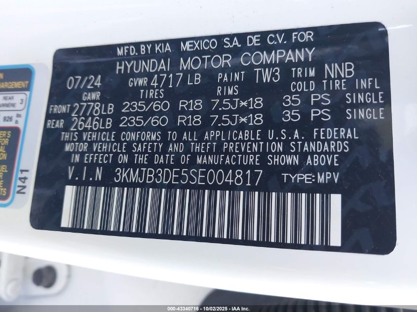 2025 Hyundai Tucson Sel VIN: 3KMJB3DE5SE004817 Lot: 43340716