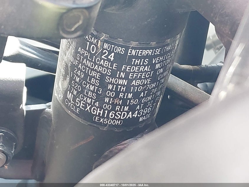 2025 Kawasaki Ex500 H VIN: ML5EXGH16SDA43967 Lot: 43340717