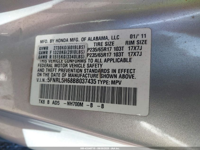 2011 Honda Odyssey Ex-L VIN: 5FNRL5H68BB037435 Lot: 43340719