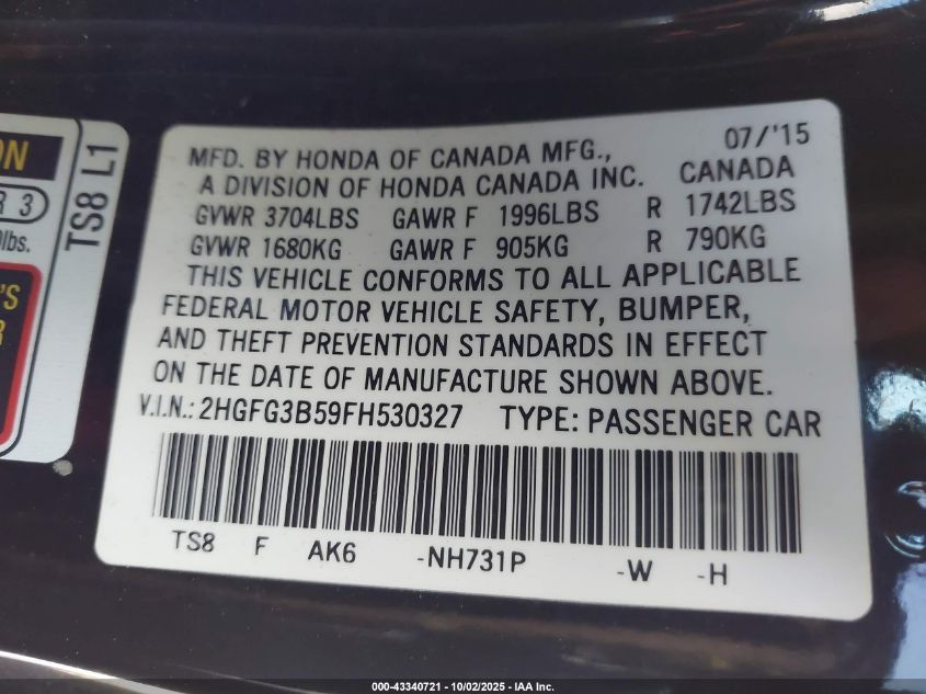 2015 Honda Civic Lx VIN: 2HGFG3B59FH530327 Lot: 43340721