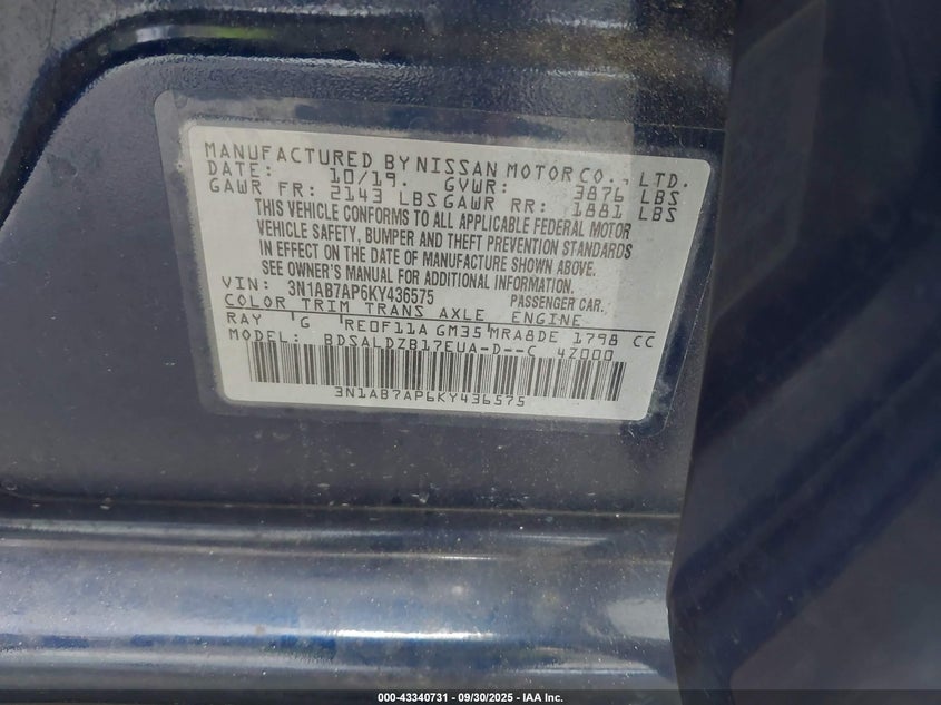 2019 Nissan Sentra Sv VIN: 3N1AB7AP6KY436575 Lot: 43340731