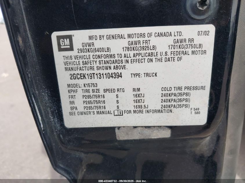 2003 Chevrolet Silverado 1500 Ls VIN: 2GCEK19T131104394 Lot: 43340732