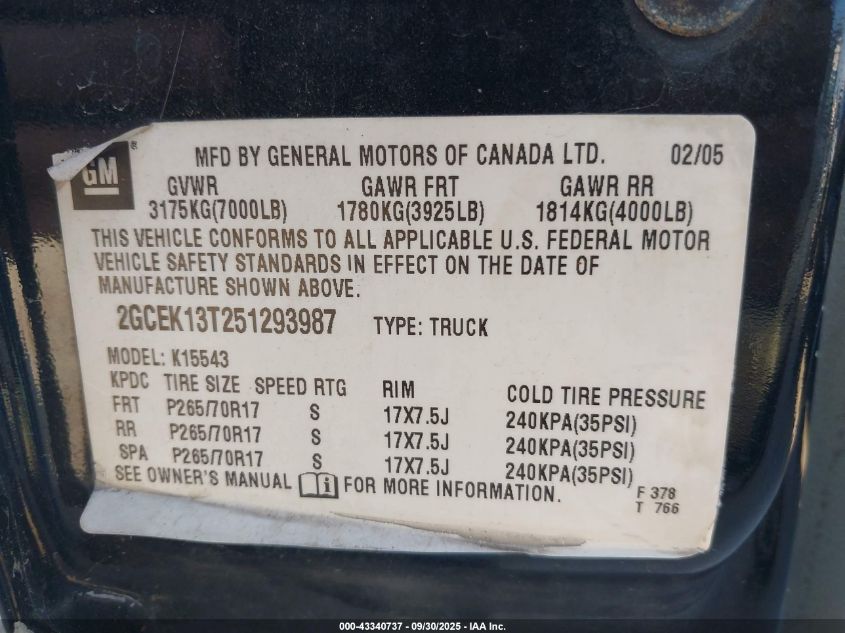 2005 Chevrolet Silverado 1500 Z71 VIN: 2GCEK13T251293987 Lot: 43340737