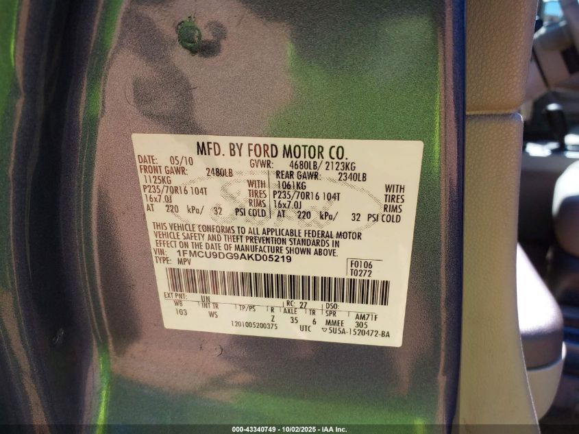 2010 Ford Escape Xlt VIN: 1FMCU9DG9AKD05219 Lot: 43340749