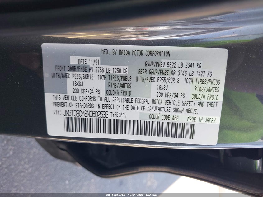 2022 MAZDA CX-9 TOURING - JM3TCBCY8N0602533