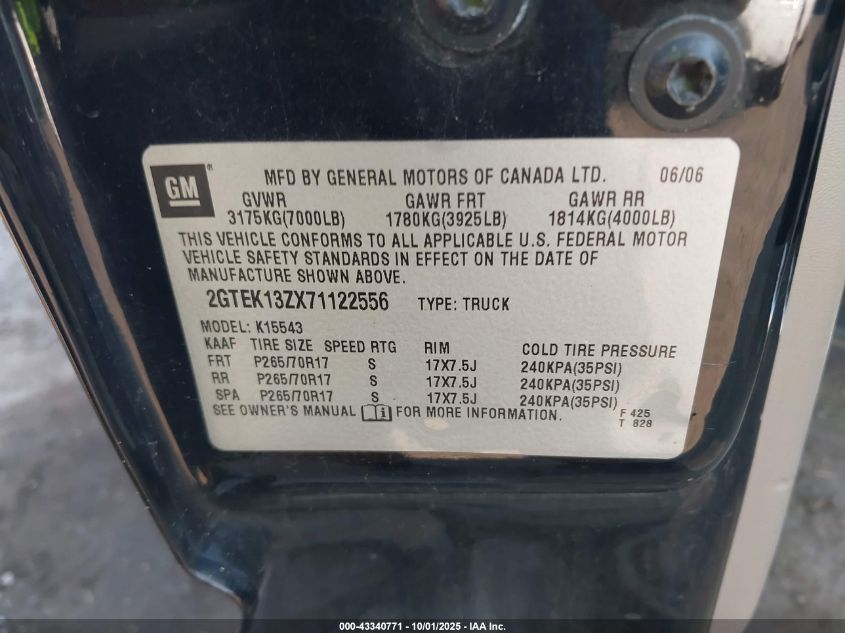 2007 GMC Sierra 1500 Classic Slt VIN: 2GTEK13ZX71122556 Lot: 43340771