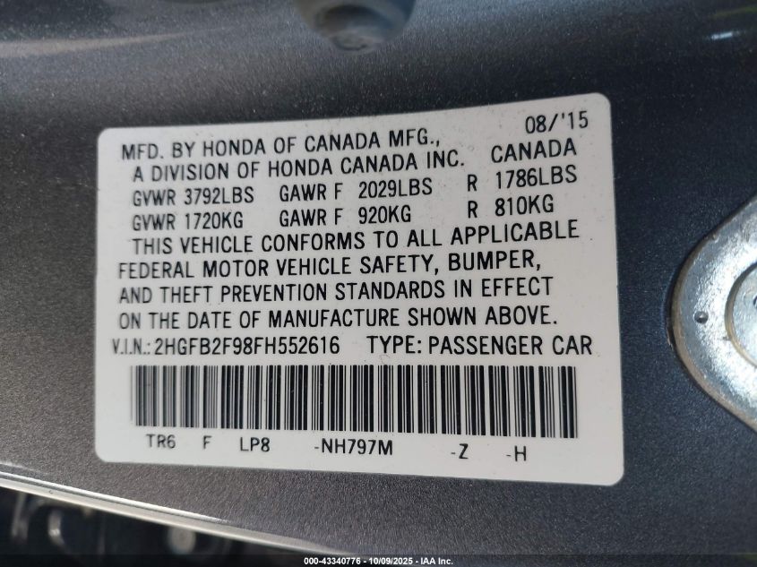 2015 Honda Civic Ex-L VIN: 2HGFB2F98FH552616 Lot: 43340776