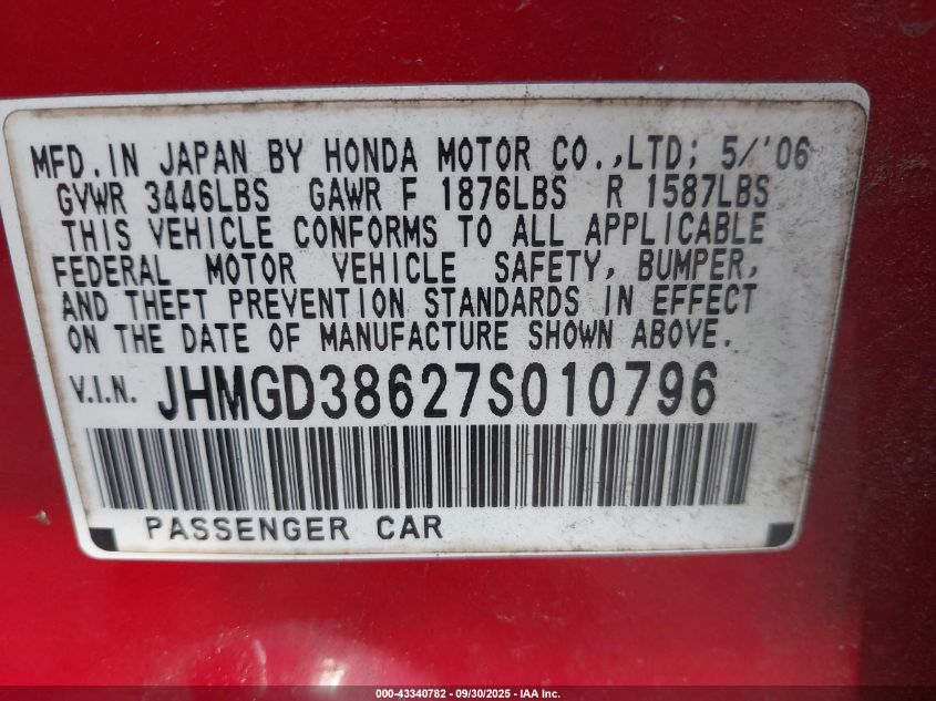 2007 Honda Fit Sport VIN: JHMGD38627S010796 Lot: 43340782