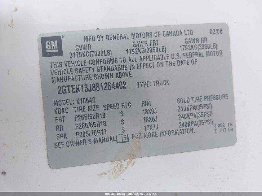 2008 GMC Sierra 1500 Slt VIN: 2GTEK13J881264402 Lot: 43340783
