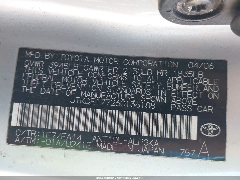 2006 Scion Tc VIN: JTKDE177260136188 Lot: 43340785