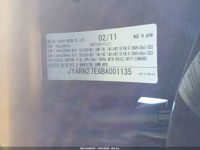 2011 Yamaha Fz8 N VIN: JYARN27E6BA001135 Lot: 43340793