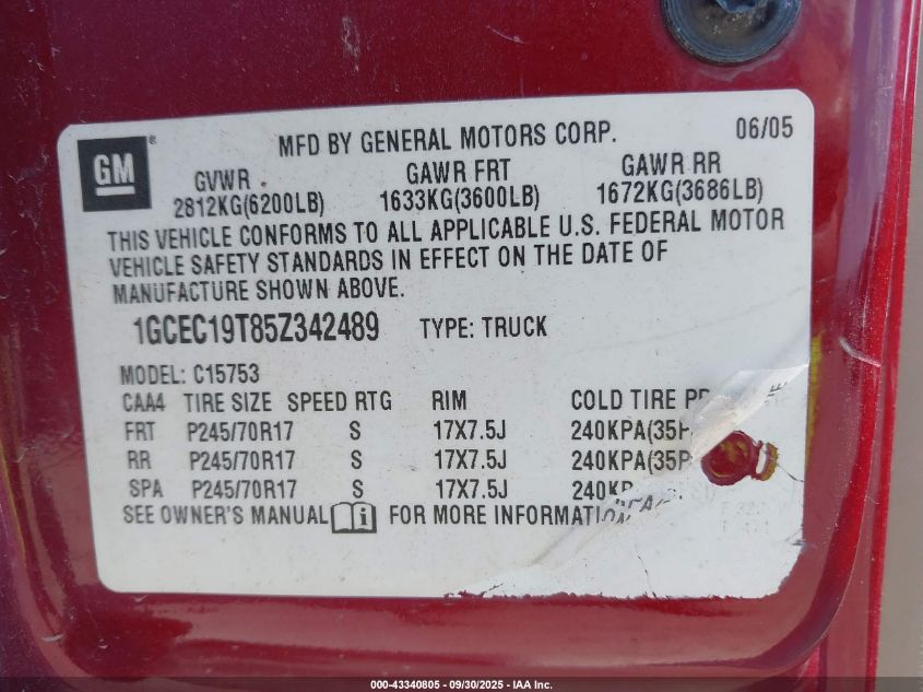 2005 Chevrolet Silverado 1500 Ls VIN: 1GCEC19T85Z342489 Lot: 43340805