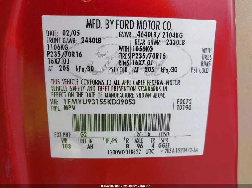 2005 Ford Escape Xlt VIN: 1FMYU93155KD39053 Lot: 43340806