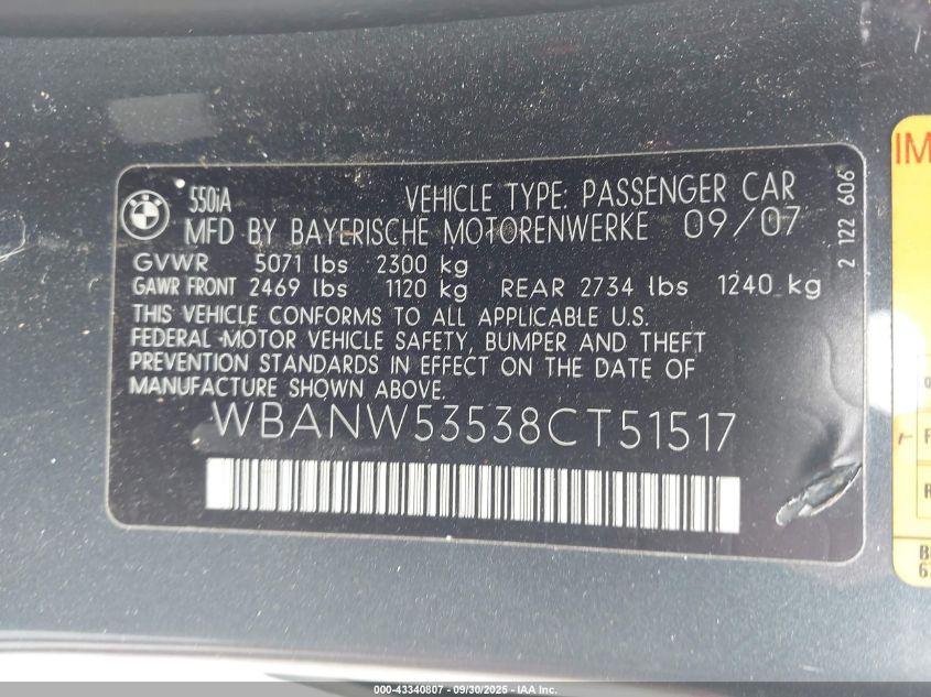 2008 BMW 550I VIN: WBANW53538CT51517 Lot: 43340807